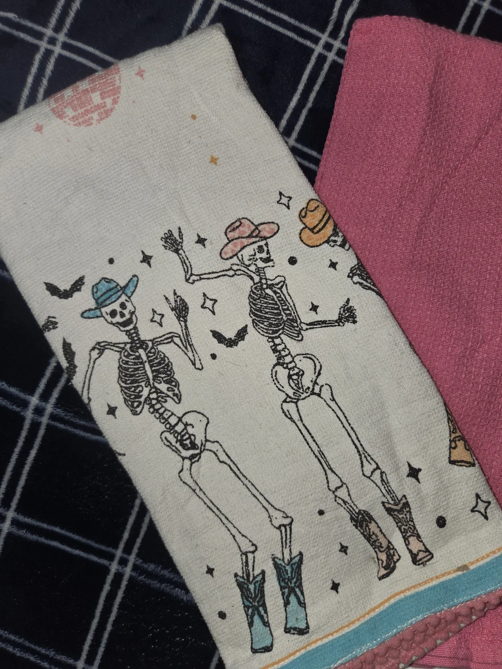 Rachel Zoe Halloween Kitchen Towels Set of 3 Pink Cowboy Skeleton Western